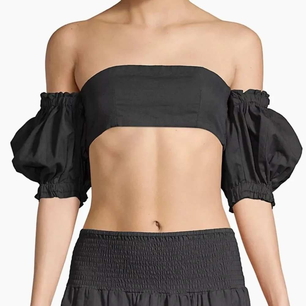 We Wore What Womens Black Puff Sleeve Smocked Bandeau Crop Top Size M‎